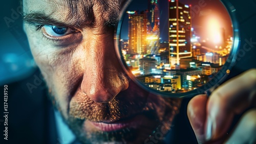 A serious businessman closely examines a cityscape through