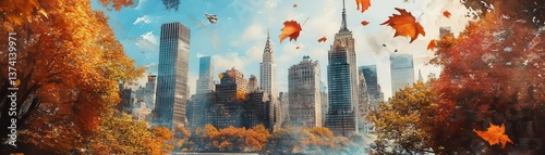 Vibrant Autumn Leaves with City Skyline and Blue Sky Background
