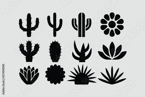 Cactus silhouettes set isolated flat vector illustration on white background.