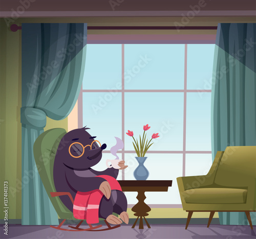 Mole relaxing. wild cartoon animal mole sitting in armchair and relaxing in cozy interior