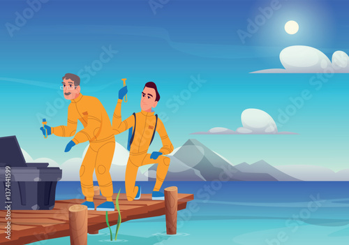 Water sample. scientists in professional costumes standing on bridge and taking water probe