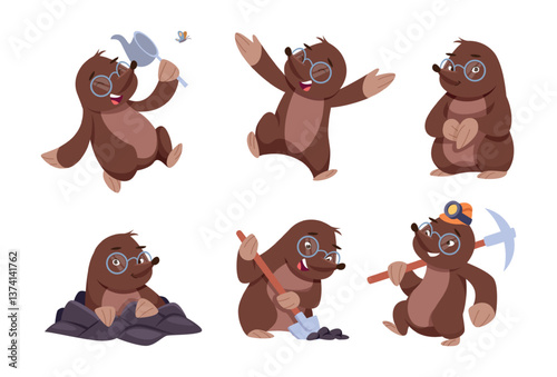 Mole animal. Cartoon mascot wild mole animal in action poses walking jumping working exact vector character