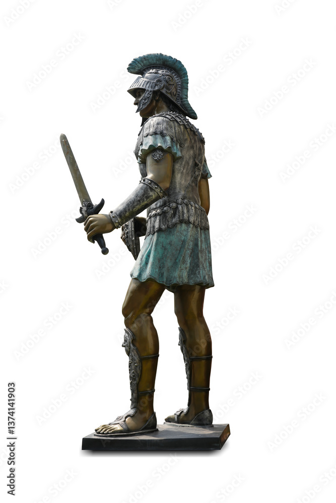 Obraz premium Roman Spartan Soldier Lost Wax Bronze Statue Monumental Ancient warrior statue, Ancient warrior statue as decorations, which is located in front hotel isolated on white background. This has clipping