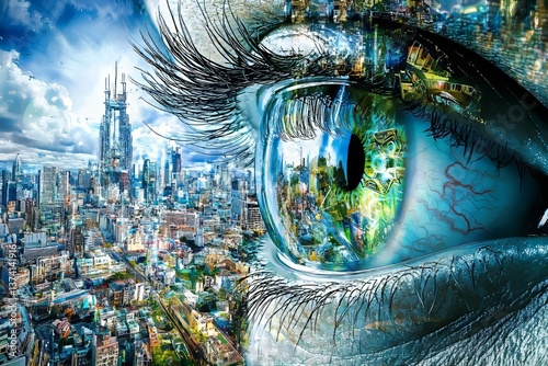 A futuristic eye displays a hologram of a city's layout, representing forward-thinking urban design