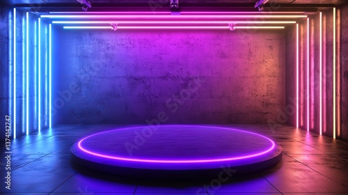 A space with a futuristic design featuring a central blue screen