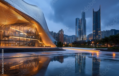At nightfall, metropolitan areas feature modern buildings that boast futuristic designs and sleek lines