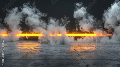 A dramatic empty scene from a futuristic sci-fi setting, with neon lights reflecting off the wet asphalt, is presented in this stock image, set against a dark background