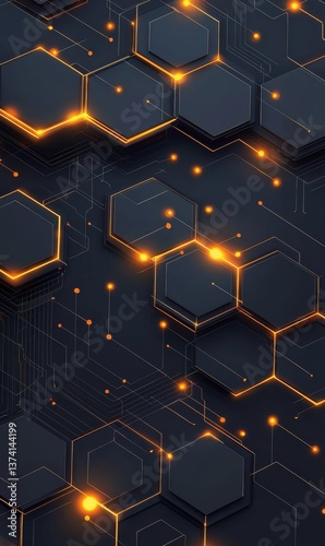 A futuristic abstract background featuring glowing yellow hexagons set against a black surface