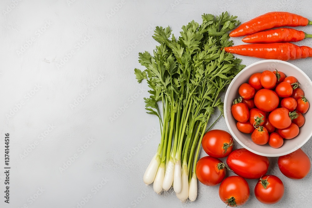 Fresh healthy spring vegetables including carrot parsley and tomato lying on white kitchen surface for vibrant nutritional organic food photo in soft light Fresh healthy spring vegetables including carrot parsley and tomato lying on white kitchen surface for vibrant nutritional organic food photo in soft light