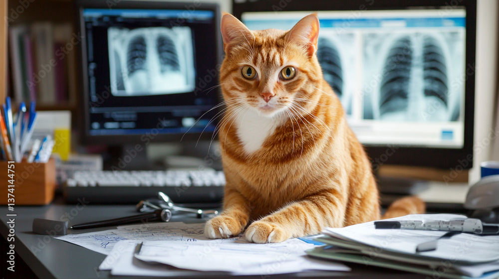 X-ray image of a cat lungs in a medical setting. The cat, calm but curious, sits on the vet table, symbolizing animal healthcare and veterinary diagnostics