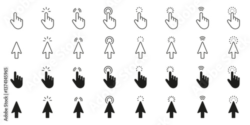 Cursor And Pointer Click Gesture Line And Solid Icon Set. Digital Navigation And Touchscreen Interaction Symbol Collection. Isolated Vector Illustration