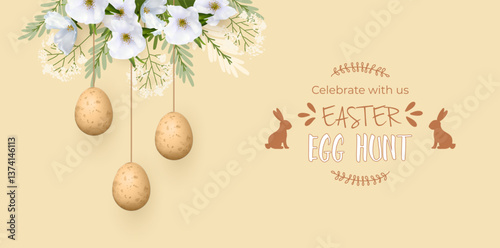 Happy Easter banner with hanging eggs, white flowers, hand drawn plants and egg hunt lettering