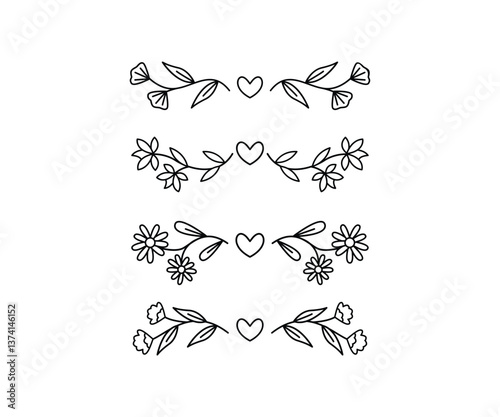 Floral Borders with Hearts Black and White Color Vector Design Illustration