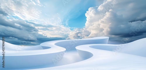 The image features an abstract background with a blue sky and curved white architecture, accompanied by a white stripe pattern on a futuristic background, showcasing texture flow backgrounds with
