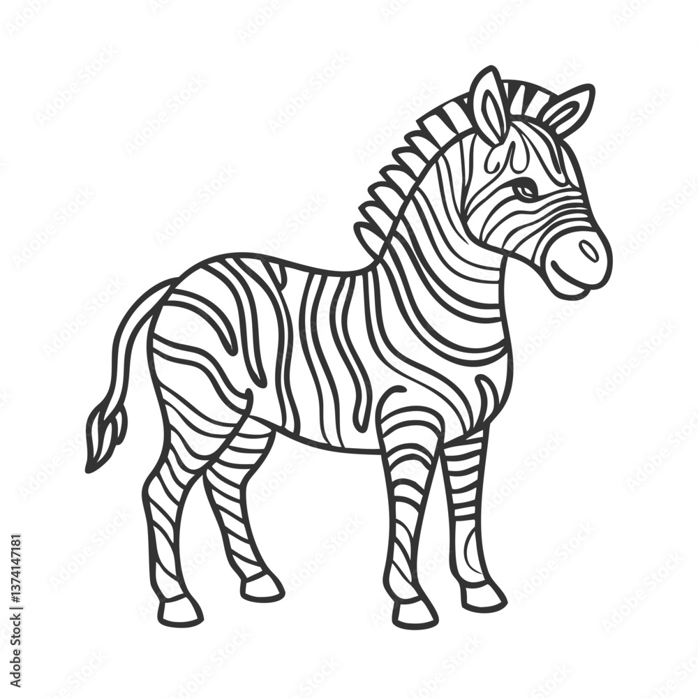 Standing zebra in cartoon outline style Standing zebra in cartoon outline style