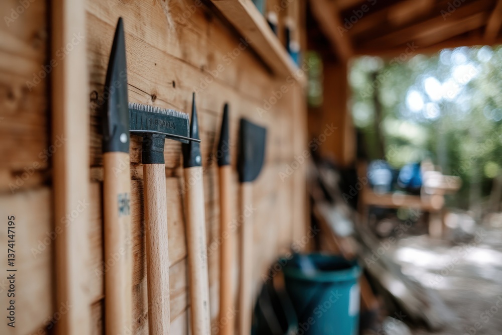 Various rustic garden tools are neatly hung on a cabin wall, symbolizing the tradition and craftsmanship involved in gardening and the timeless connection to nature. Various rustic garden tools are neatly hung on a cabin wall, symbolizing the tradition and craftsmanship involved in gardening and the timeless connection to nature.
