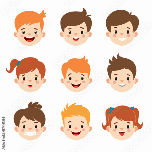 Collection of happy and cheerful children. Cute faces of different nationalities boys and girls. Vector illustration