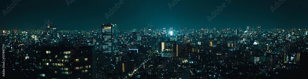 A spectacular nighttime city view, characterized by its majestic skyscrapers A spectacular nighttime city view, characterized by its majestic skyscrapers