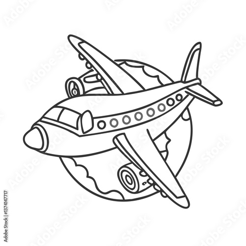 Airplane flying over globe coloring page in outline style