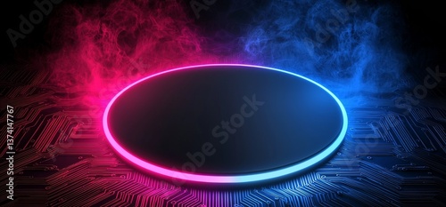 The 3D rendering of this sketch depicts a futuristic silver metallic schematic with textured motherboard flooring and a realistic neon shape in blue and purple filled with power