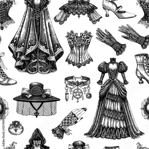 Gothic background. Hand-drawn fashion illustration. Victorian clothes designs. Halloween seamless pattern. Vampire woman vector. NOT AI generated