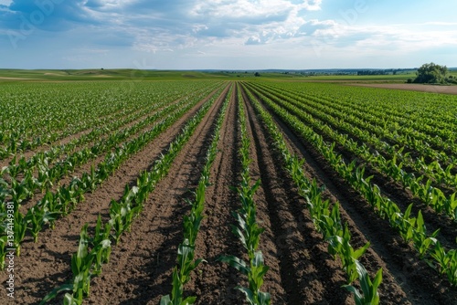 Rows of vigorous green corn in expansive farming fields embody the spirit of abundance and the importance of agriculture in nurturing communities and feeding the world.