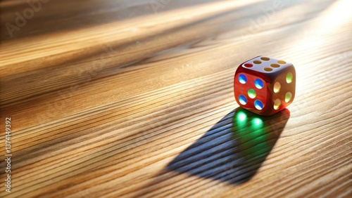 A single translucent red die rests on a polished wooden surface, illuminated by a shaft of sunlight casting a vibrant shadow, a captivating image of chance and fate.