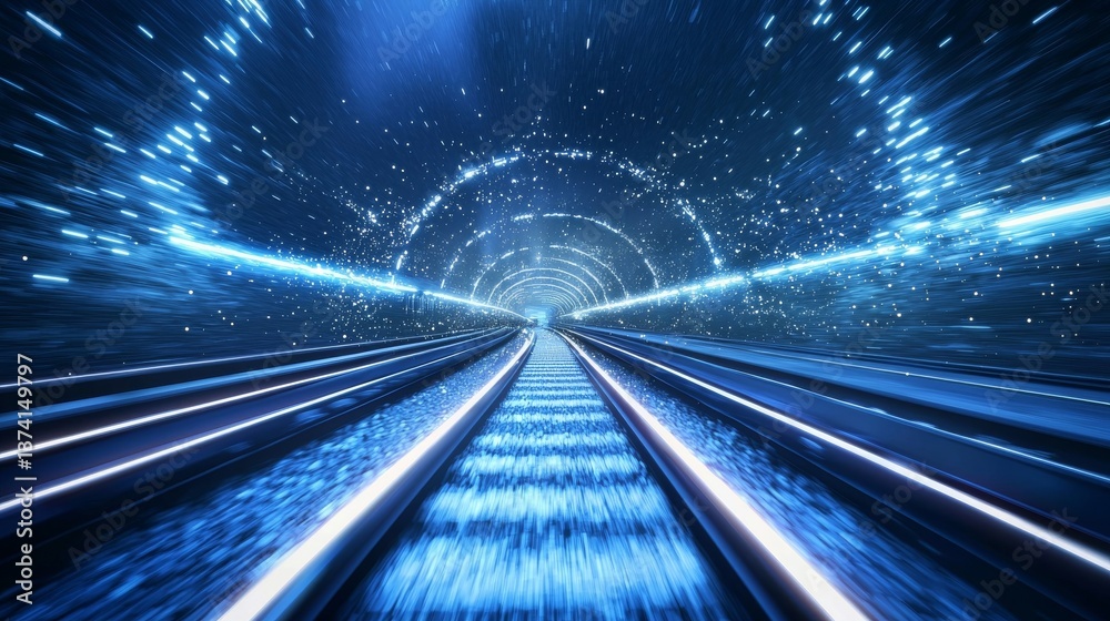 A bright, glowing light serves as the focal point of an abstract, futuristic tunnel, where radiant lights and guiding rails come together to epitomize the principles of technological progress and A bright, glowing light serves as the focal point of an abstract, futuristic tunnel, where radiant lights and guiding rails come together to epitomize the principles of technological progress and
