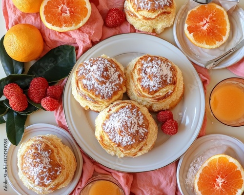 Flatlay of cinnamon rolls with icing on wooden table styled as sweet breakfast bakery food in cozy rustic presentation with warm texture and soft pastry tones