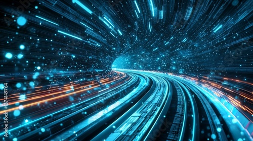 A futuristic and abstract tunnel is illuminated by radiant lights and guided by rails that stretch towards a brilliant glow, symbolizing technological advancement and velocity