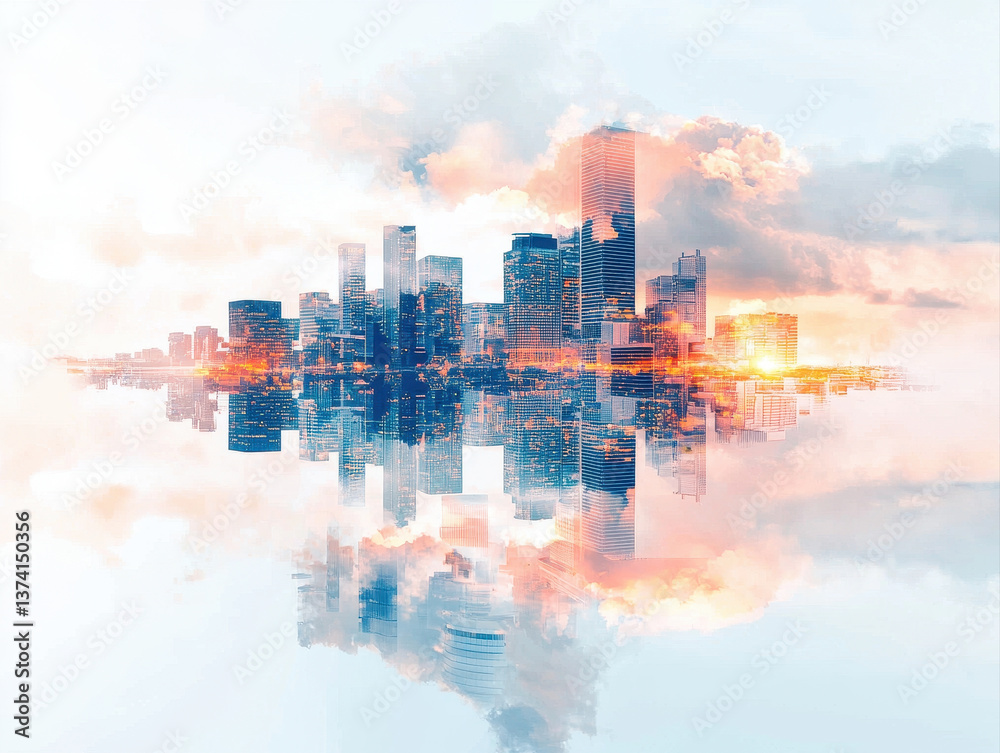 Fototapeta premium stunning city skyline reflects beautifully calm waters, showcasing modern architecture and vibrant colors during sunset, evoking sense