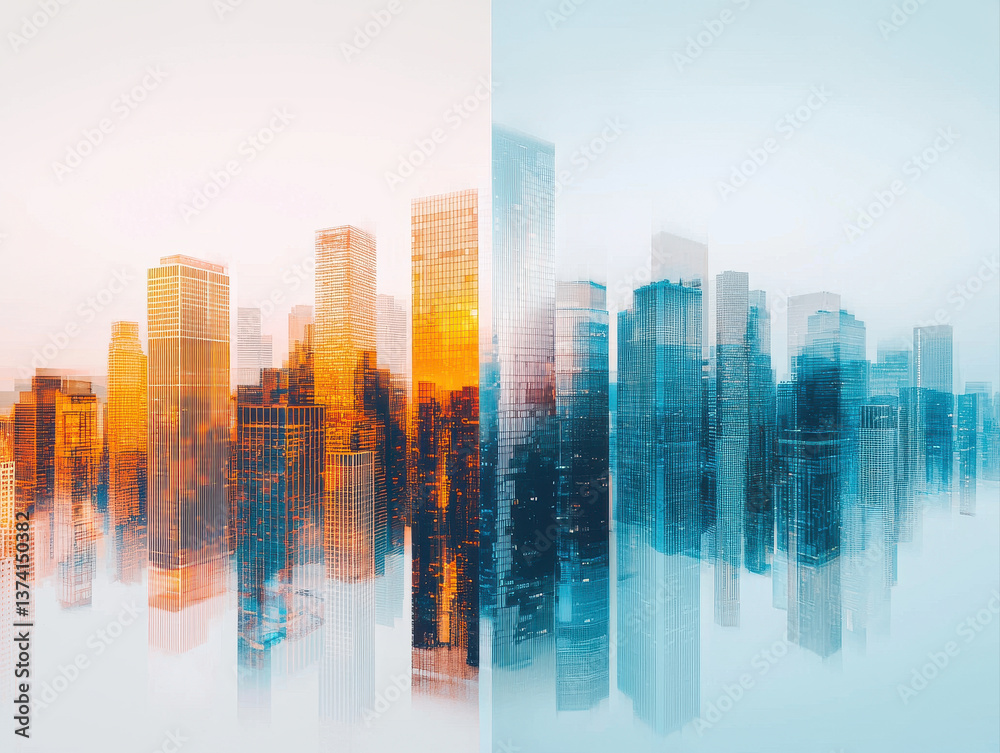 Fototapeta premium stunning cityscape showcasing blend of warm orange and cool blue tones, reflecting modern architecture and urban life. duality of colors creates