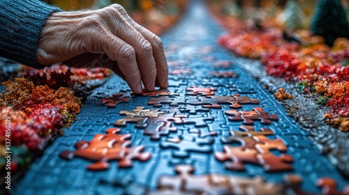 Elderly hand placing puzzle piece on autumnal scene jigsaw.