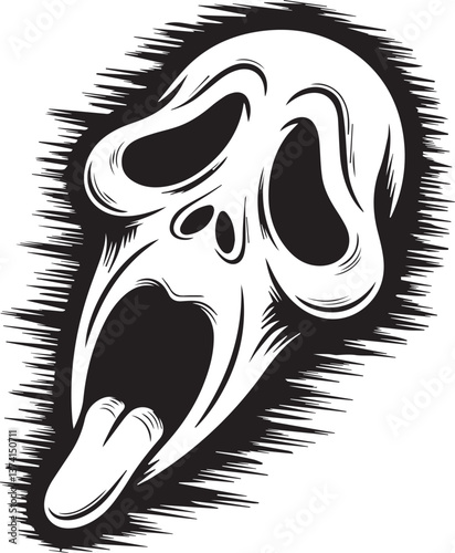 Black and white minimalist drawing of a ghostly face