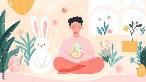 Serene and mindful entrepreneur taking a quiet moment for meditation, pastel Easter elements reinforcing a balanced mindset