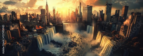Dramatic Sunset Over Urban Landscape and Majestic Waterfalls
