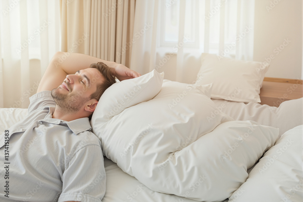 Relaxed man smiles while resting on pillows in a cozy bedroom  
