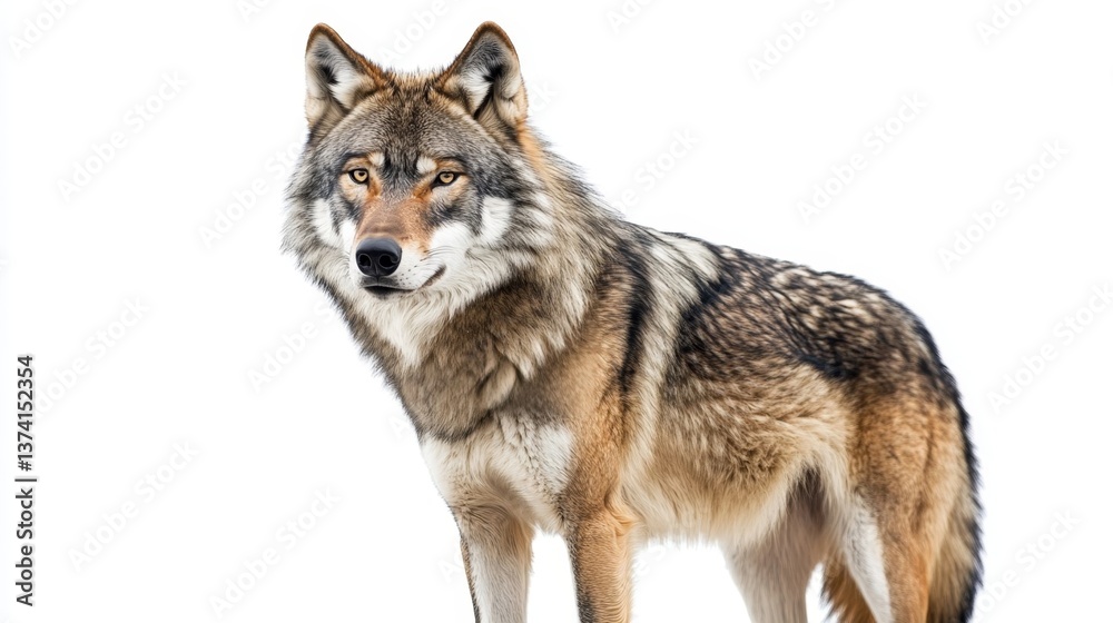 Fototapeta premium Majestic gray wolf close-up portrait on white background, looking directly ahead