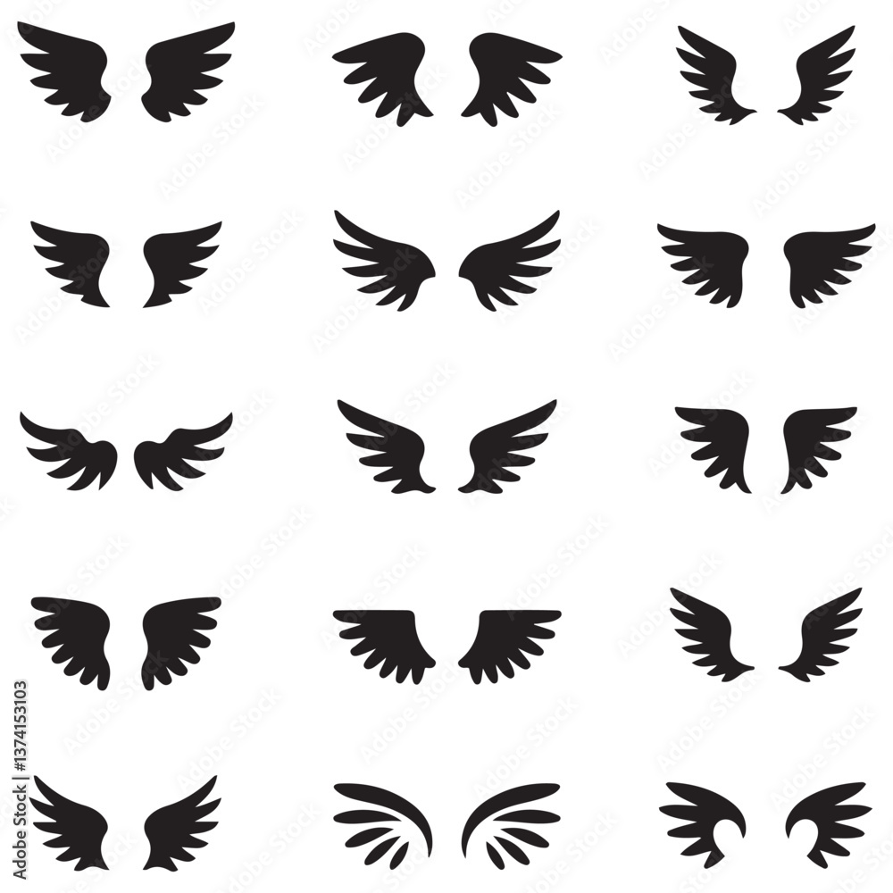 Set of wings icons. Wings badges. Collection wings badges. Vector illustration.Silhouette Vector Black. with white background Set of wings icons. Wings badges. Collection wings badges. Vector illustration.Silhouette Vector Black. with white background