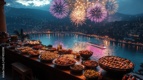 Luxurious buffet overlooking vibrant fireworks over a calm lake at night.