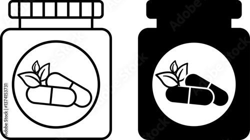 Supplement Icons. Black and White Vector Illustration. Vitamin Container, Dietary Supplement. Healthy Lifestyle. Nutrition Concept