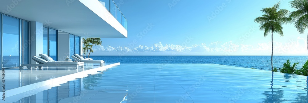 Fototapeta premium Modern luxurious waterfront home with an infinity pool and ocean view