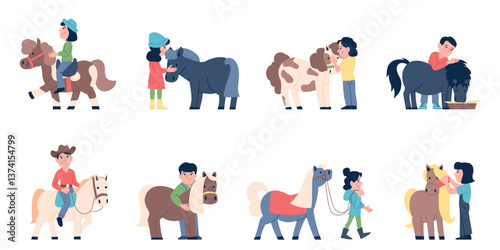 Children with pony. Kids riding and caring by little horses. Equestrian for toddlers, learning ride ponies. Girls and boys communicated with animals, recent vector set