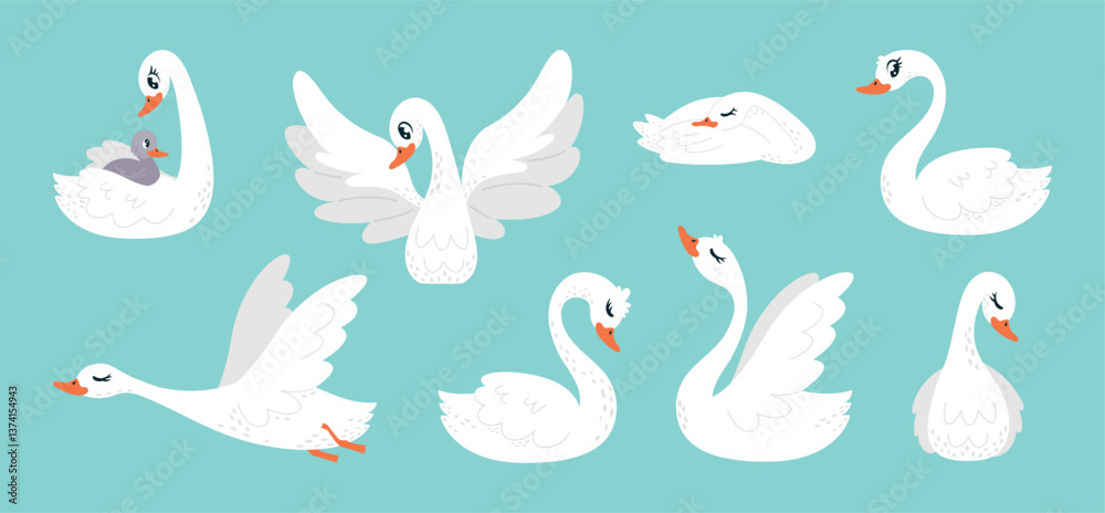 Obraz premium Cartoon swan. White swans in different poses. Beautiful fairytale birds, wild population of rivers lake ponds. Cute tiny duckling bird with mother, classy vector set