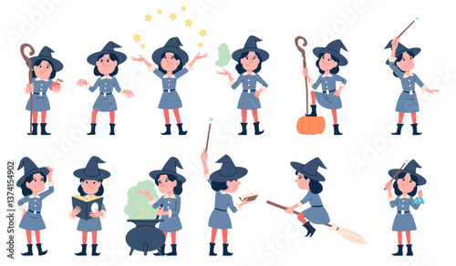 Cartoon little witch. Cute witch fly on broom, learning making magic and poison. Girl in hat reading book, training witchcraft, halloween recent vector character