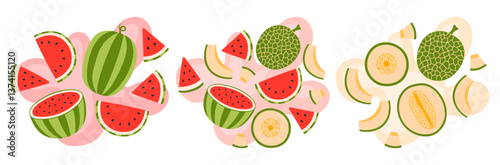 Fruit and berry set on abstract background. Watermelon and melon taste. Fresh summer juicy fruit. Flat Vector illustration