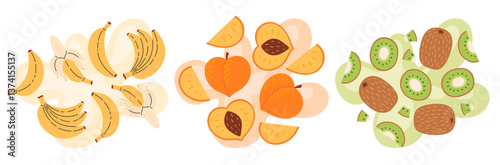 Fruit set on abstract background. Kiwi, pineapple, peach taste. Fresh summer juicy fruit. Flat Vector illustration