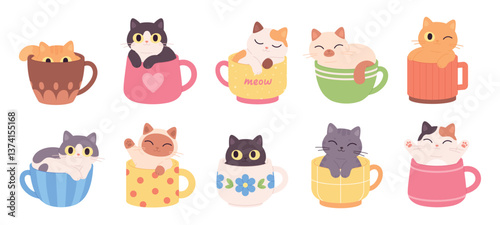 Cats in cups. Funny cat inside coffee cocoa or tea mug. Kawaii cartoon kittens, adorable fluffy fatty pets resting. Sweet drinks, beverages racy vector set