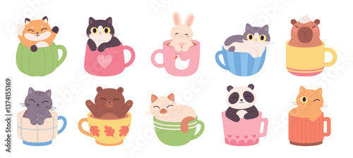 Animals in coffee cups. Cats, bunny bear fox panda and capybara sitting inside mugs for hot beverages. Funny cartoon animal, kawaii racy vector characters