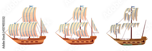 Broken sailboat. Vintage wooden ship, from new to broked. Battleship, vessel after wrecking in sea or ocean. Shipwreck, cartoon water transport nowaday vector elements